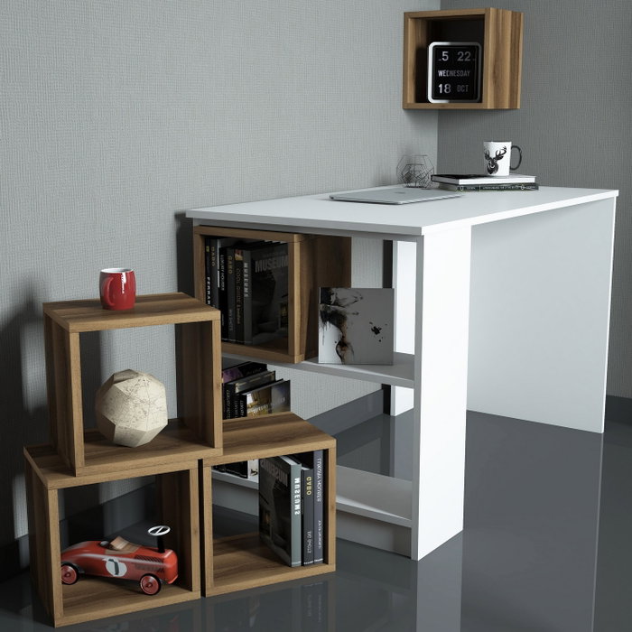 Hanah Home Escritorio y Estantería de Estudio Blanco y Nogal Hanah Home Escritorio y Estantería de Estudio Blanco y Nogal